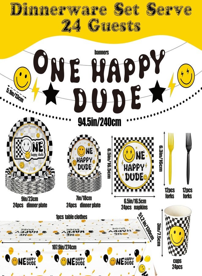 Suttmin 122 Pcs One Happy Dude Birthday Decorations 1st Birthday Party Tableware Set for 24 Guests Include One Happy Dude Plates Cups Napkins Fork Smile Face Tablecloth Banner for Party Decor - Image 3